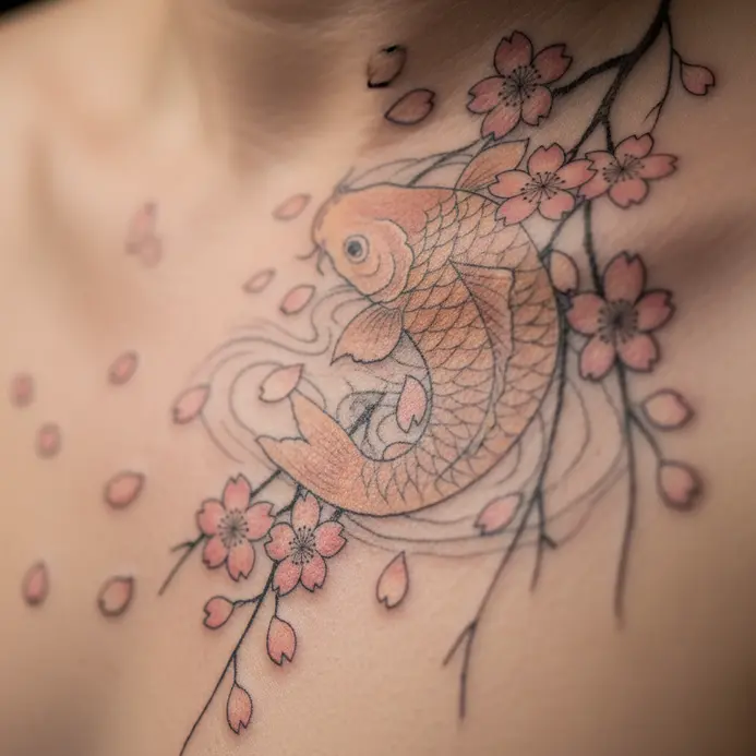 A traditional Japanese tattoo of a koi fish swimming beneath a branch of pink cherry blossoms.