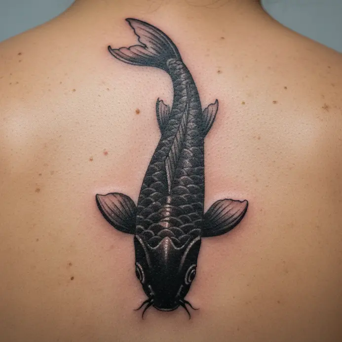 A large black magoi koi fish tattooed in a vertical line along the spine.