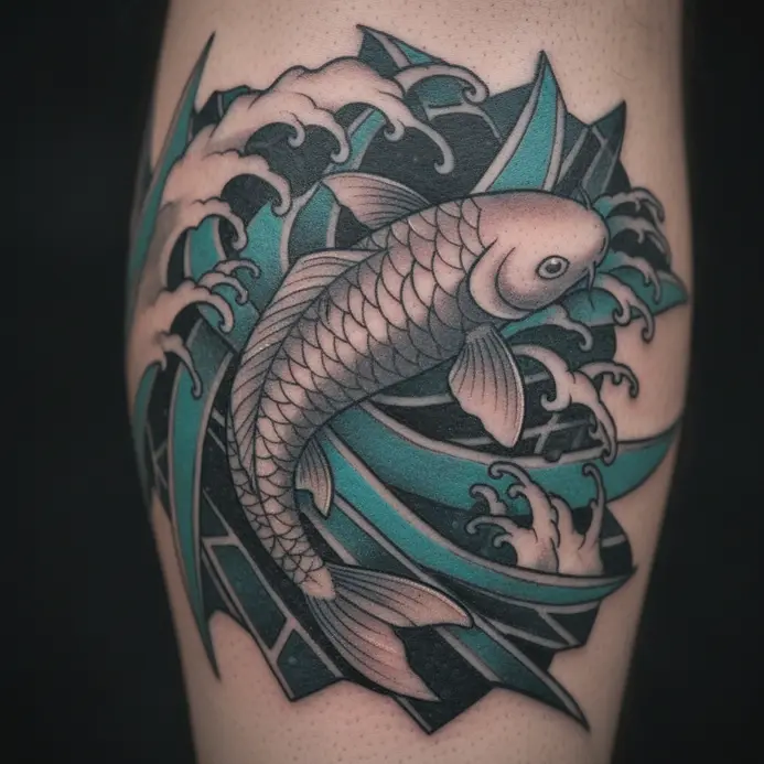 A stylized koi fish tattoo where the surrounding water is represented by sharp, geometric patterns.