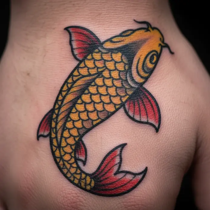 A neo-traditional style koi fish tattoo with thick outlines and saturated color, placed on the back of a hand.