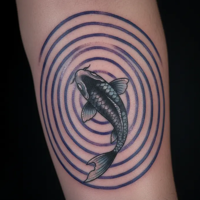 A realistic tattoo of a koi fish viewed from above, with detailed concentric ripples distorting its image.