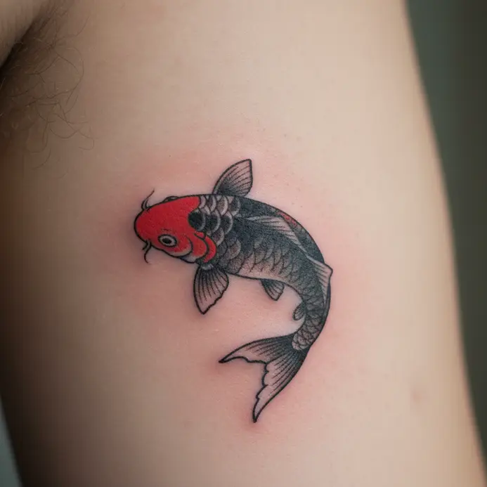 A small traditional Japanese koi fish tattoo with red and black colors, placed on the inner bicep.