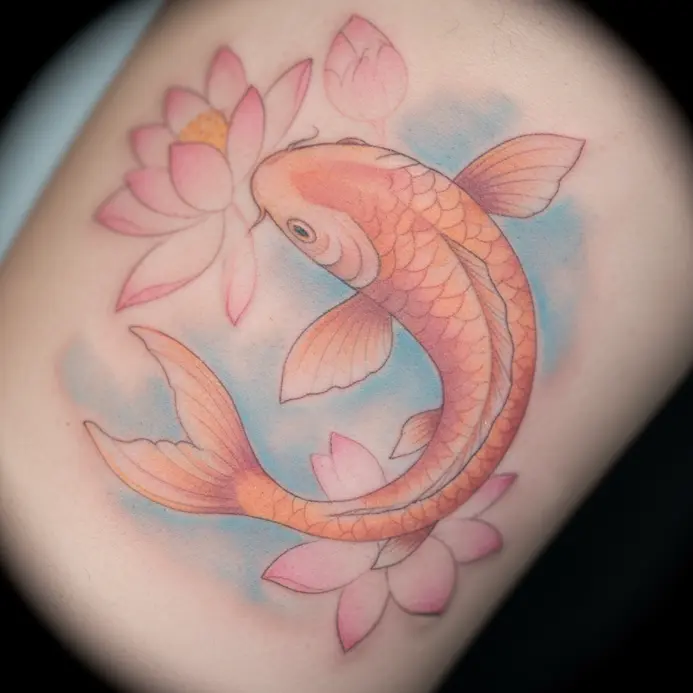 A koi fish rendered in soft watercolor washes of orange and blue, floating near delicate pink lotus blossoms.