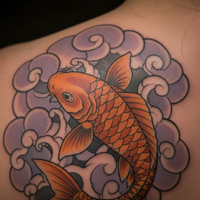 A koi fish tattoo in a dynamic pose, set against a background of soft, stylized Japanese clouds.