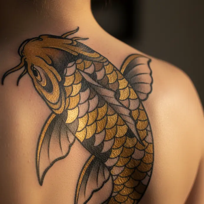 A large neo-traditional tattoo of a golden koi fish with black outlines and decorative filigree on a back.