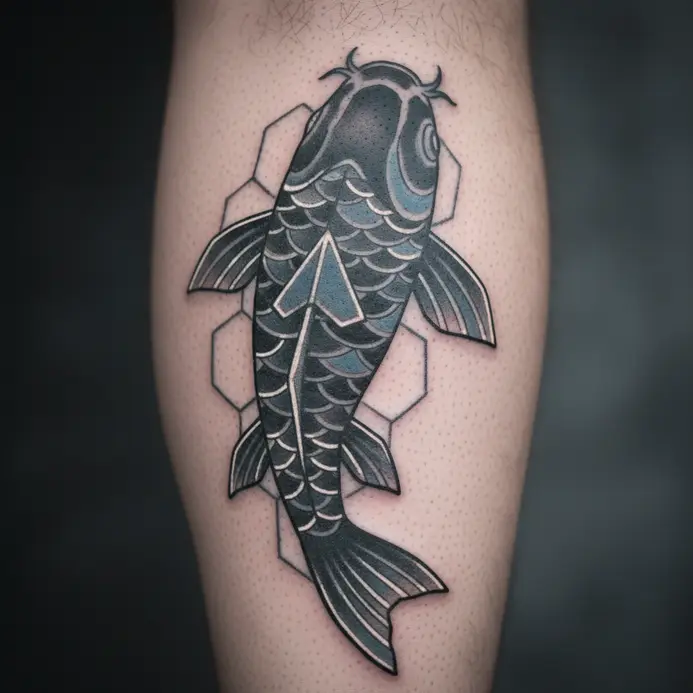 A stylized koi fish tattoo on a calf, formed from a mosaic of triangles and hexagons.