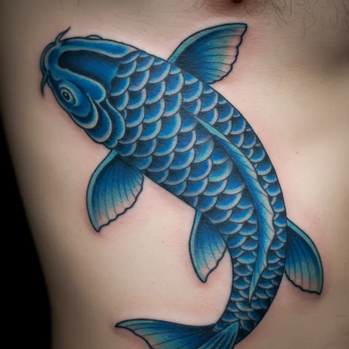 A photorealistic tattoo of a blue koi fish with detailed scales, following the curve of the ribs.