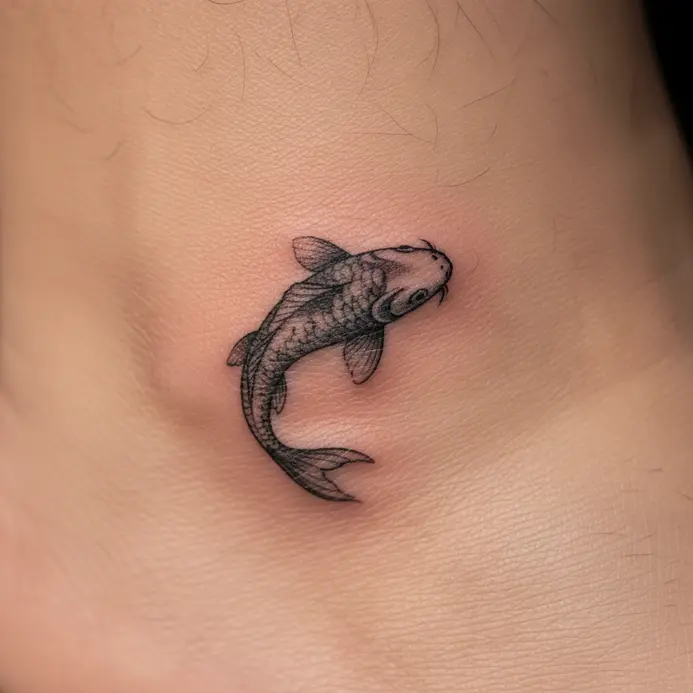 A small, delicate outline of a koi fish tattooed on the side of an ankle.