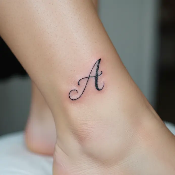 A thin, elegant script letter A tattooed on the side of an ankle.
