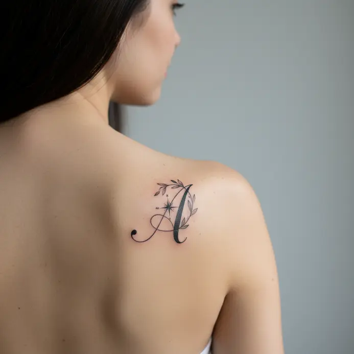 A small, finely lined serif letter A tattooed discreetly behind the ear.