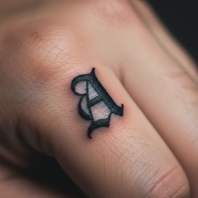 A solid black Old English letter A tattooed on the side of a finger.