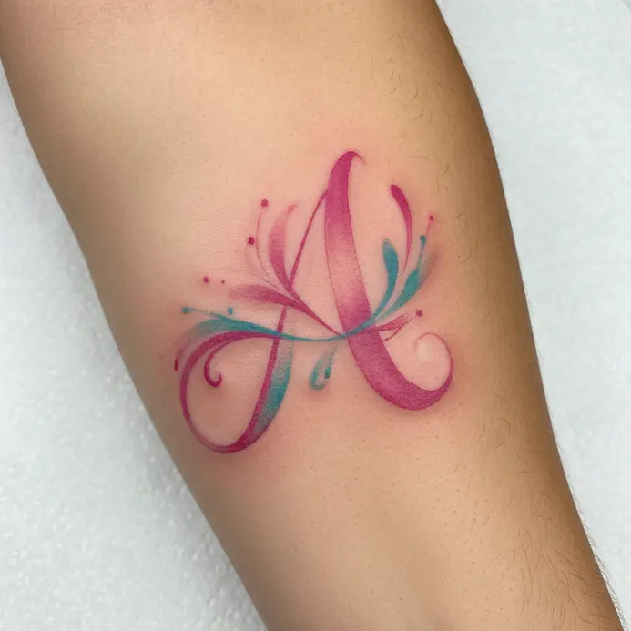 A soft letter A blended with colorful floral watercolor washes on a forearm.