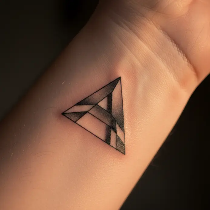 A modern letter A constructed from clean lines and triangles tattooed on a wrist.