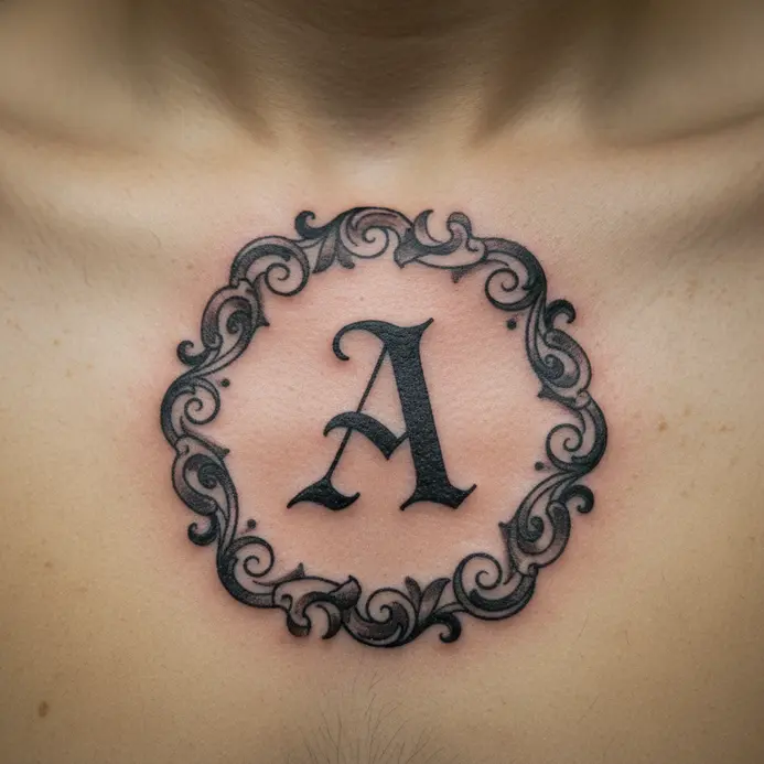 A decorative vintage-style letter A with filigree details centered on the sternum.
