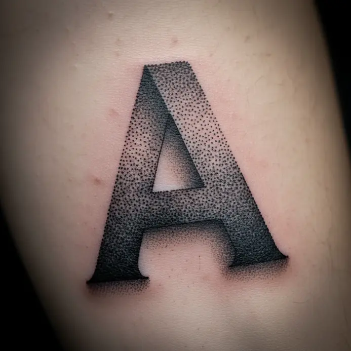 A letter A rendered entirely with dotwork shading to create a three-dimensional effect on the forearm.