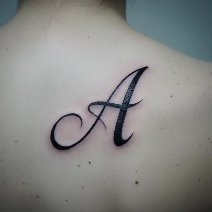 A single-stroke calligraphy letter A that mimics wet ink on the shoulder.