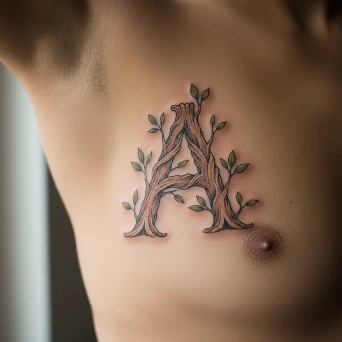 A letter A shaped from detailed tree branches with leaves, tattooed along the ribcage.