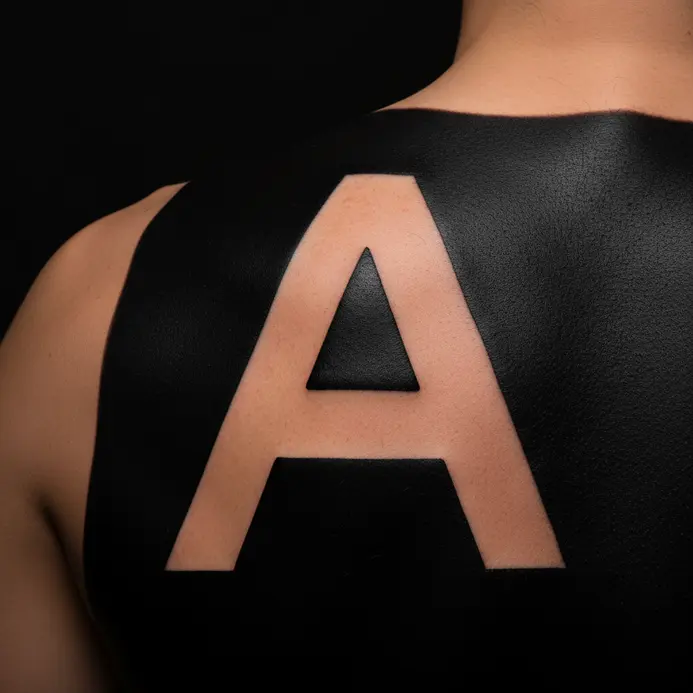 A large block letter A tattoo where the skin forms the negative space within the solid black shape on the upper back.