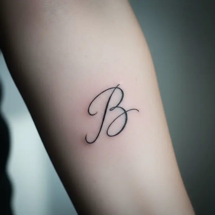 A delicate, single-needle script letter B tattoo in black ink on pale skin.