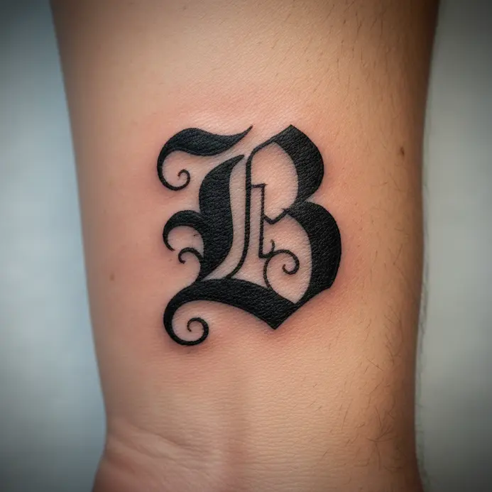 An intricately shaded blackletter style letter B tattoo with sharp serifs.