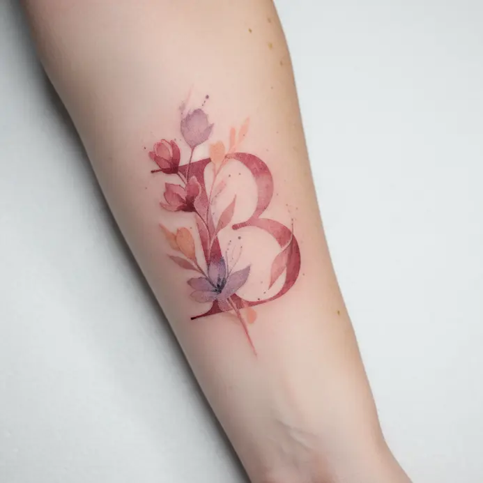 A script letter B tattoo seamlessly blending into a wash of pink and purple watercolor floral shapes.