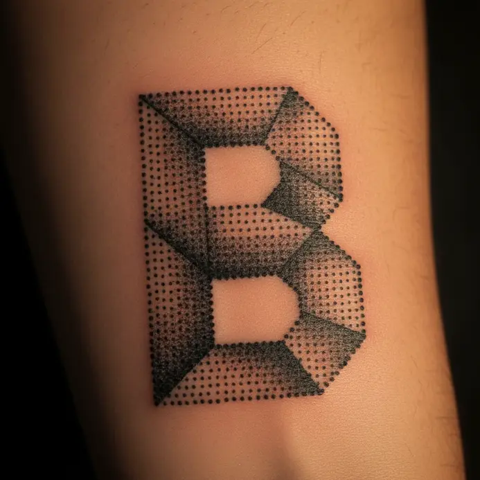 A structured, angular letter B tattoo composed entirely of precise black dots on the forearm.
