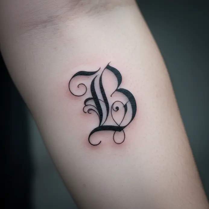 A flowing, vintage-style calligraphy letter B tattoo with graceful thick and thin strokes.