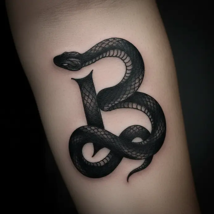 An abstract design where a snake's coiled body creates the shape of a letter B.