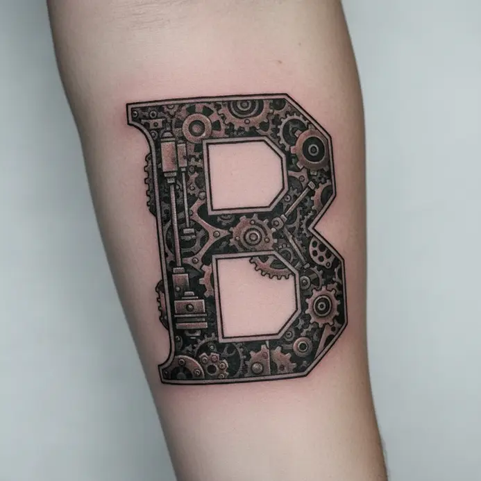 A metallic letter B tattoo constructed from interlocking steampunk-style gears and rivets.