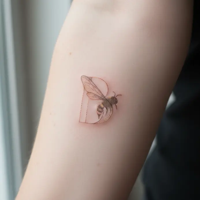 A minimal line drawing of a bee wing that subtly forms the shape of a letter B behind the ear.