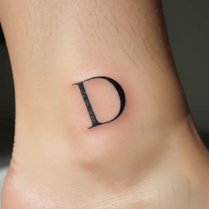 A single letter D in a clean, minimalist serif font tattooed on the inner ankle.