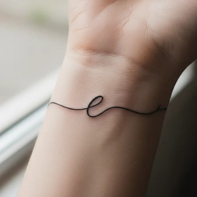 A thin, elegant cursive letter E tattooed in black ink on a wrist.