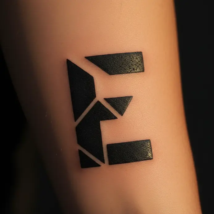 A clean, angular sans-serif letter E tattoo composed of straight lines and negative space.