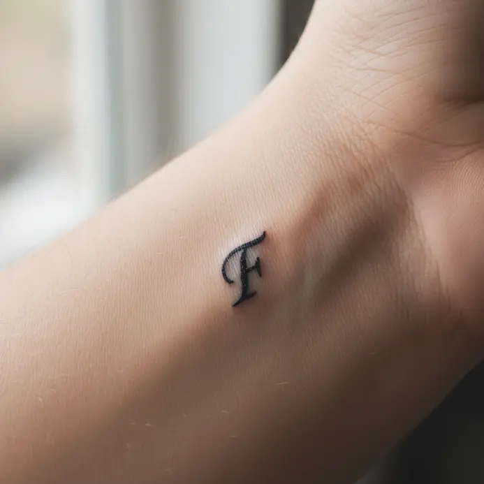 A minimalist black serif letter F tattooed on the inner wrist.