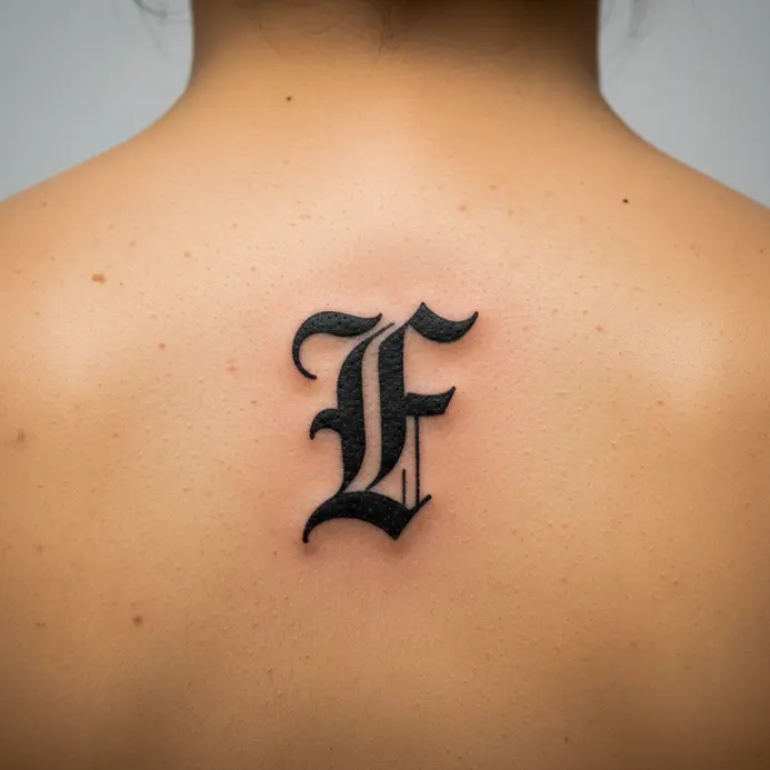A traditional bold blackletter F tattoo running vertically along the spine.