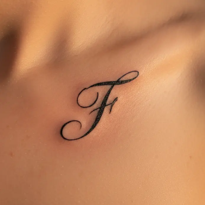 A flowing cursive script letter F tattoo placed along the collarbone.