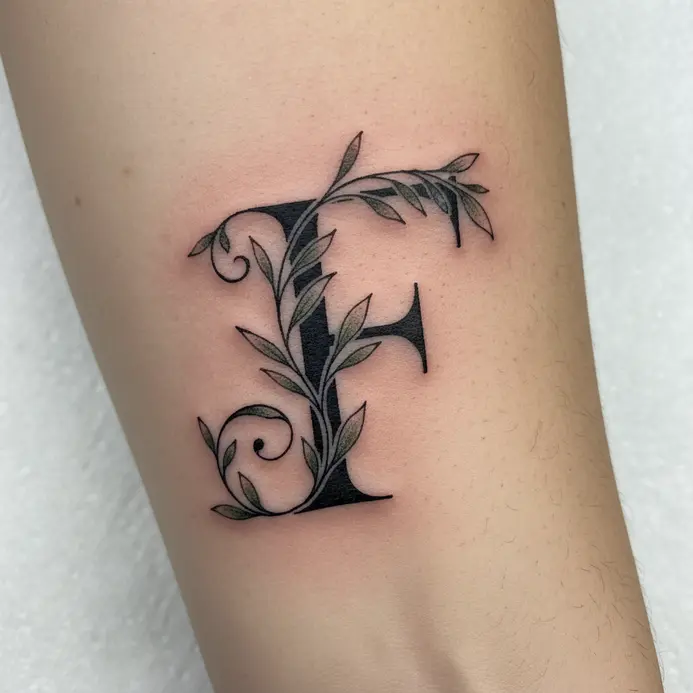 A fine-line tattoo of the letter F woven with detailed floral elements on a forearm.