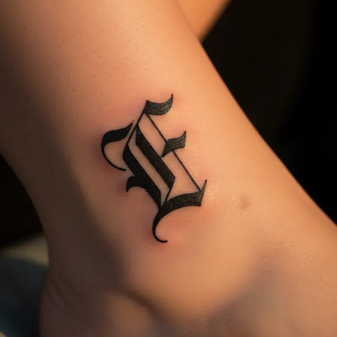 A black geometric gothic letter F tattoo placed on the ankle.