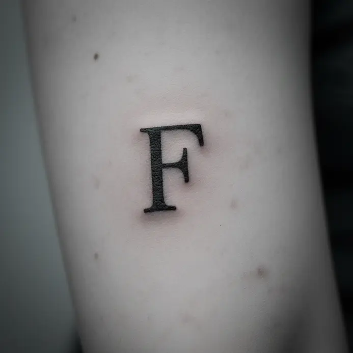 A vintage typewriter style letter F tattoo on the inner arm.