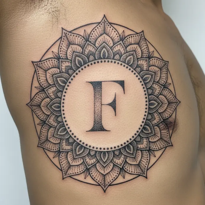 A detailed dotwork mandala incorporating the letter F on the rib cage.