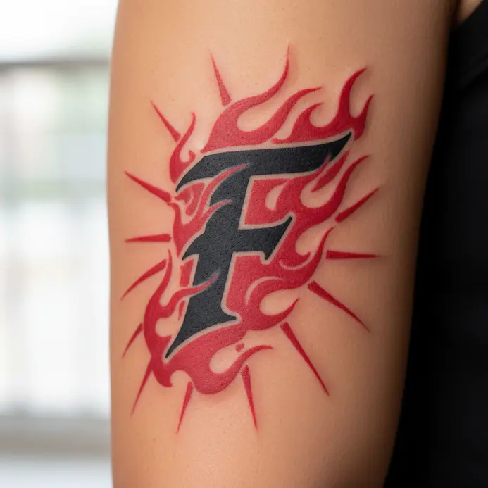 A graphic style letter F with fiery elements tattooed on the bicep.