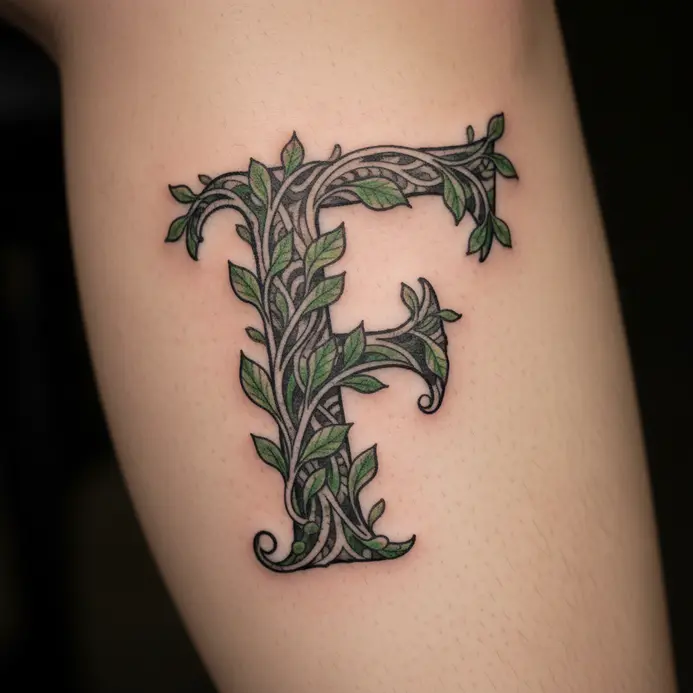 A letter F tattoo intricately wrapped with vines and leaf details on the calf.