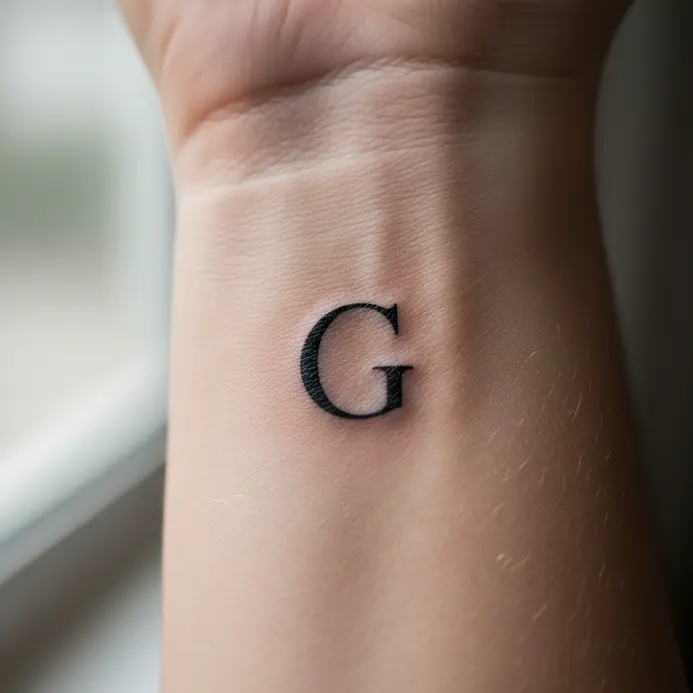 A single, elegant serif letter G in black ink placed on the inner wrist.