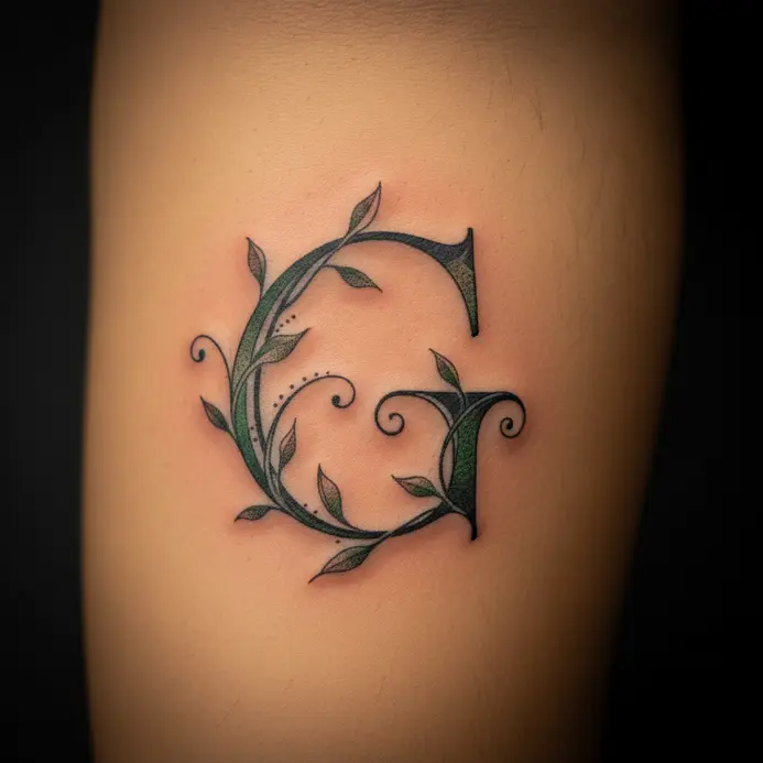 A script letter G integrated into a flowing vine and leaf design that wraps around the forearm.