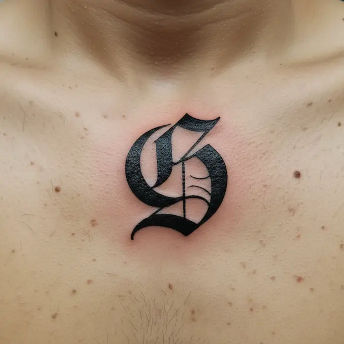 A bold, blackwork Old English style letter G centered on the upper chest.