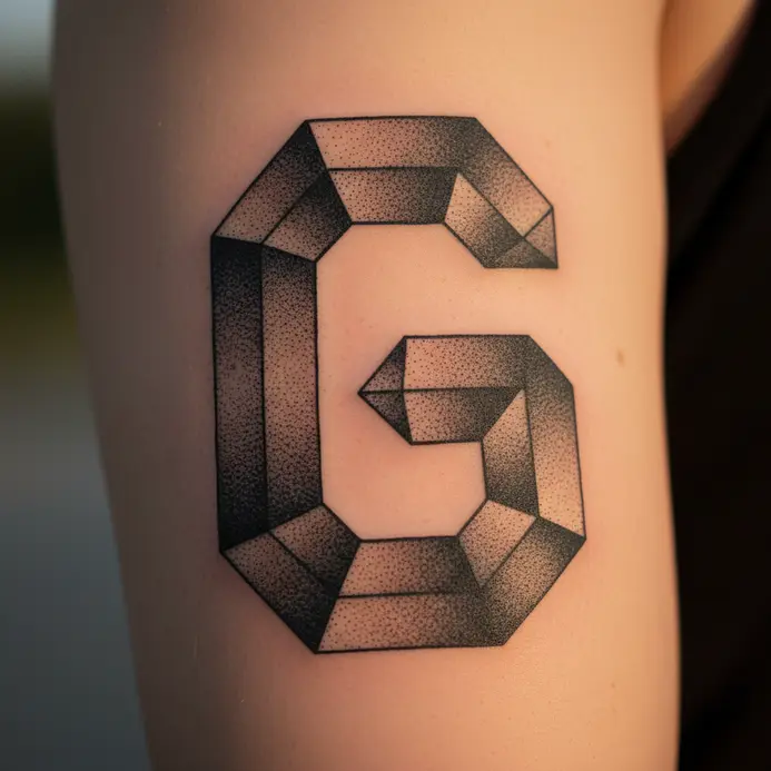 A modern letter G formed by geometric shapes and detailed dotwork shading on the bicep.