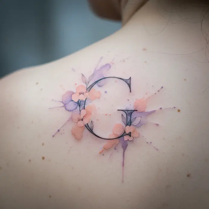 A script letter G blended with vibrant, soft-edged watercolor flowers on the shoulder blade.