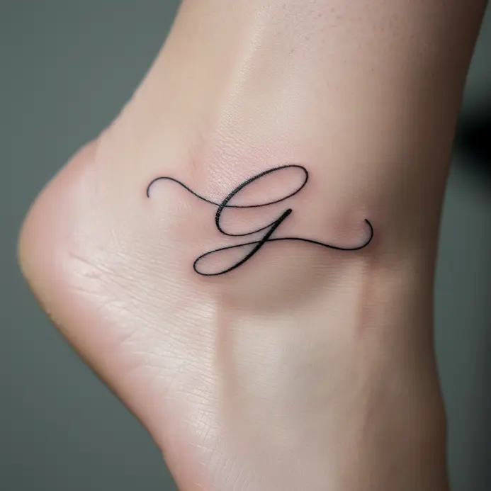 A single, thin-line cursive letter G placed delicately on the side of the ankle.