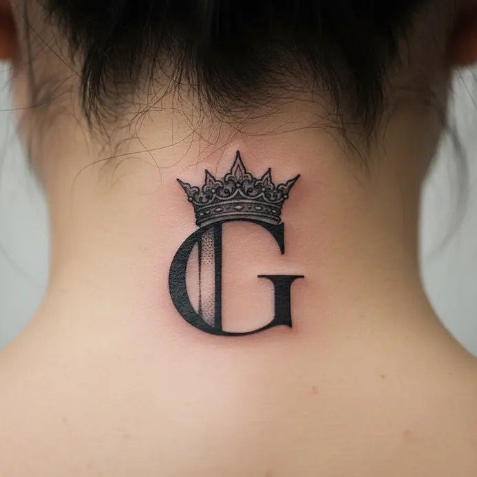 A stylized letter G with a detailed crown perched above it, tattooed at the nape of the neck.