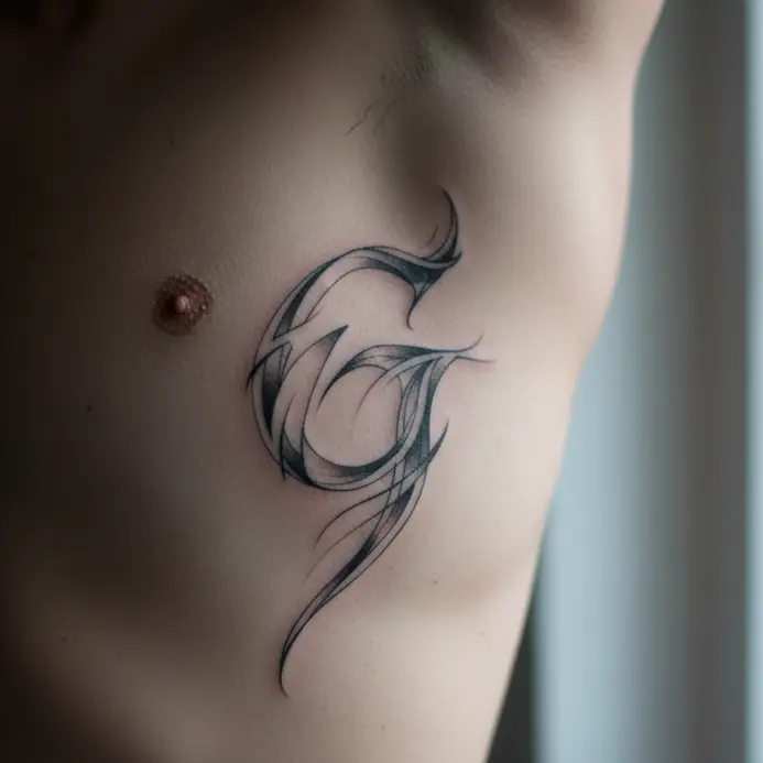 An artistic interpretation of a letter G, broken into flowing abstract lines along the side of the torso.